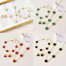 Hot jewelry sales stainless steel five-leaf flower necklace bracelet earrings set high sense women's shamrock jewelry party