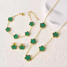 Hot jewelry sales stainless steel five-leaf flower necklace bracelet earrings set high sense women's shamrock jewelry party