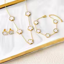 Hot jewelry sales stainless steel five-leaf flower necklace bracelet earrings set high sense women's shamrock jewelry party